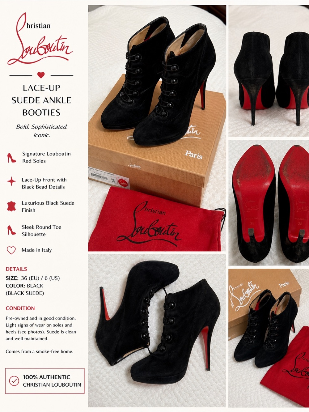 Christian Louboutin Black Suede Lace-Up Ankle Booties with Red Soles